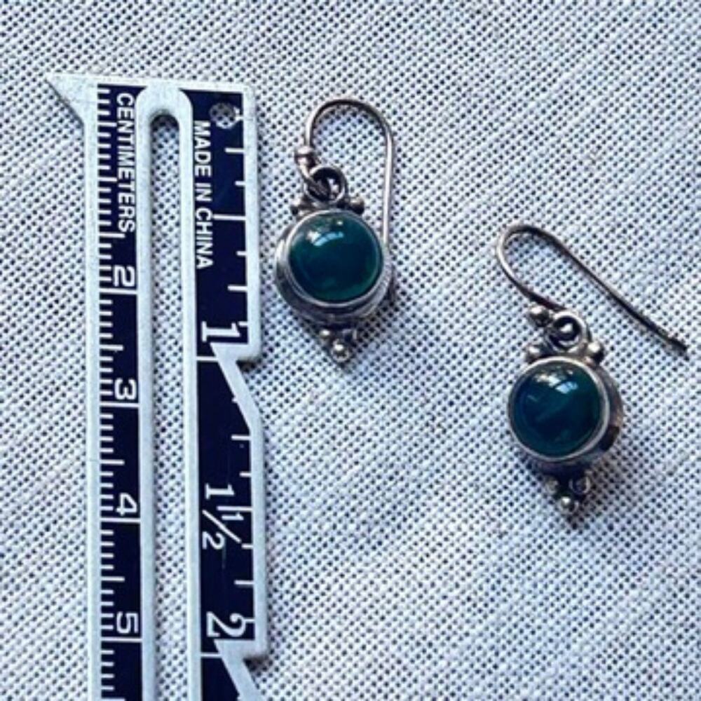 Sterling Silver Green Onyx Drop Earrings Cabochon 925 - Picture 5 of 11